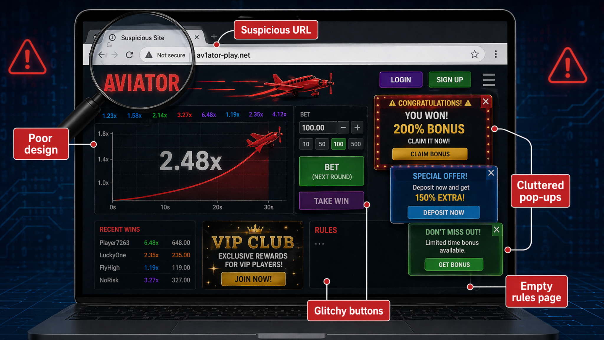 A suspicious site often gives itself away through the URL and low-quality design