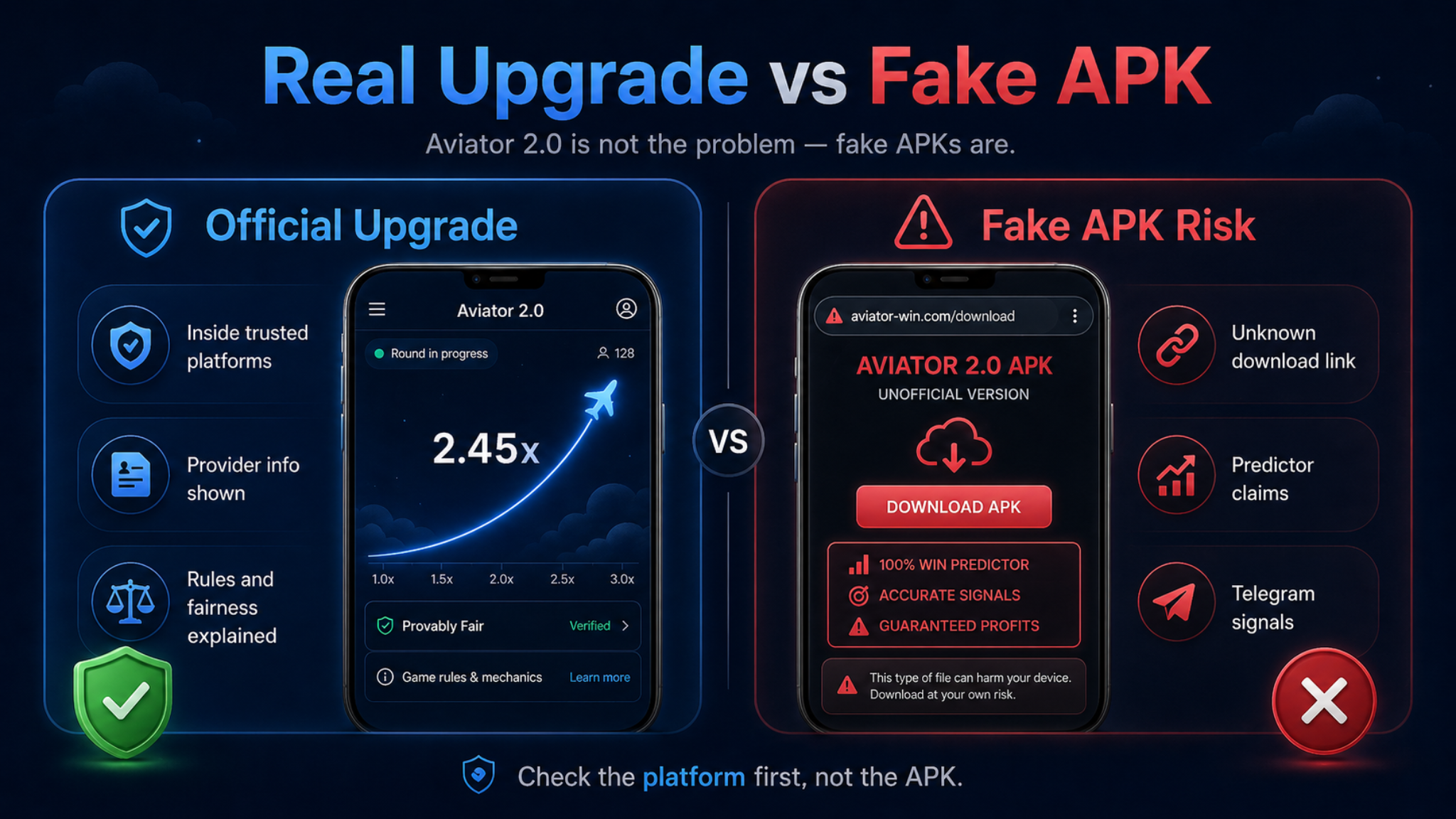 Aviator 2.0 itself is not the issue — fake APK downloads and predictor claims are the real risk.