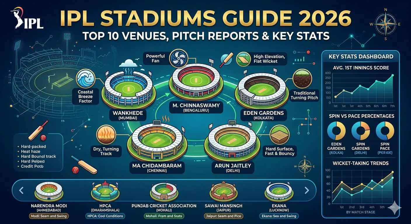 IPL Stadiums Guide 2026: Top 10 Venues, Pitch Reports & Key Stats