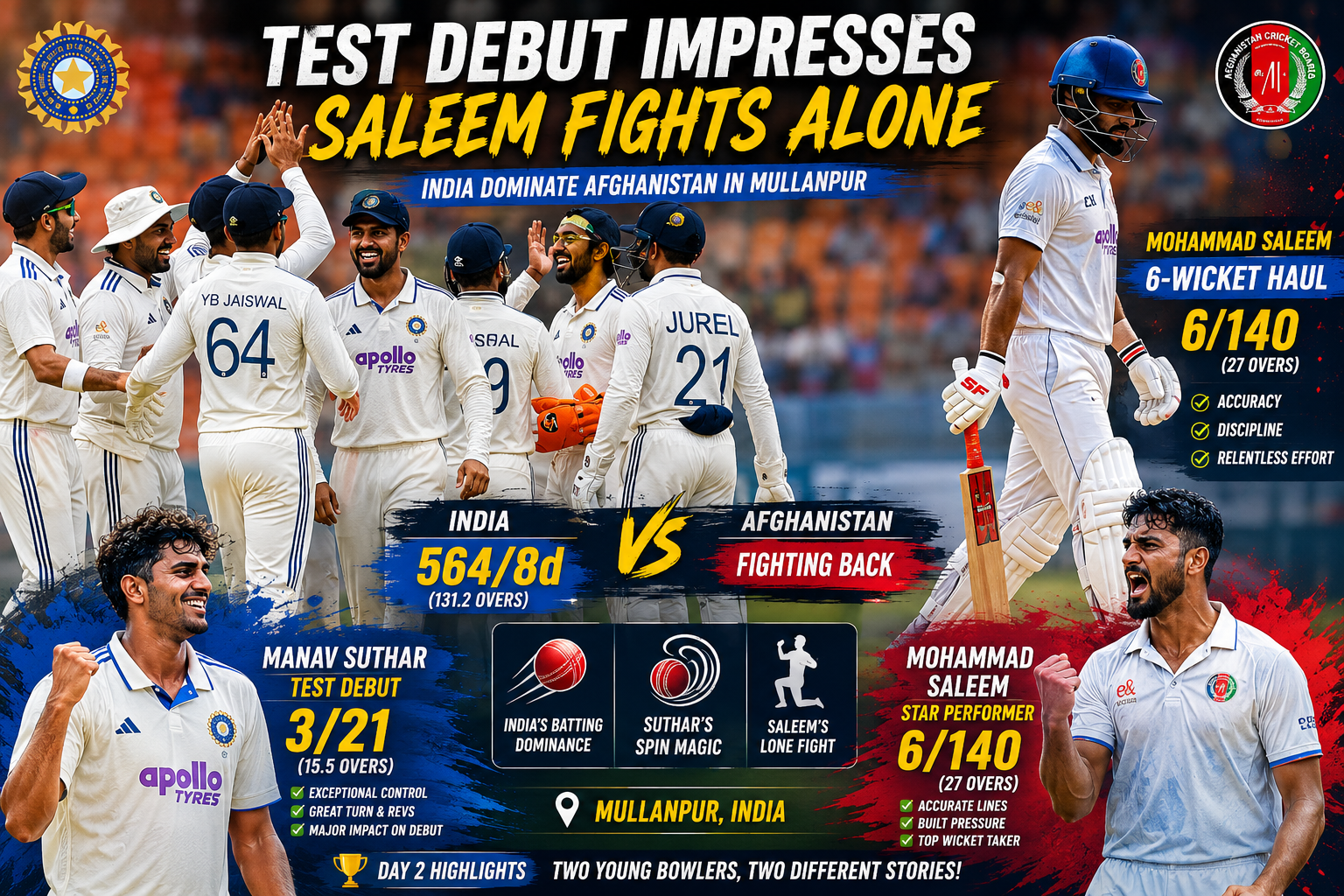 Manav Suthar Test Debut Shines as Mohammad Saleem Claims Six Wickets Against India