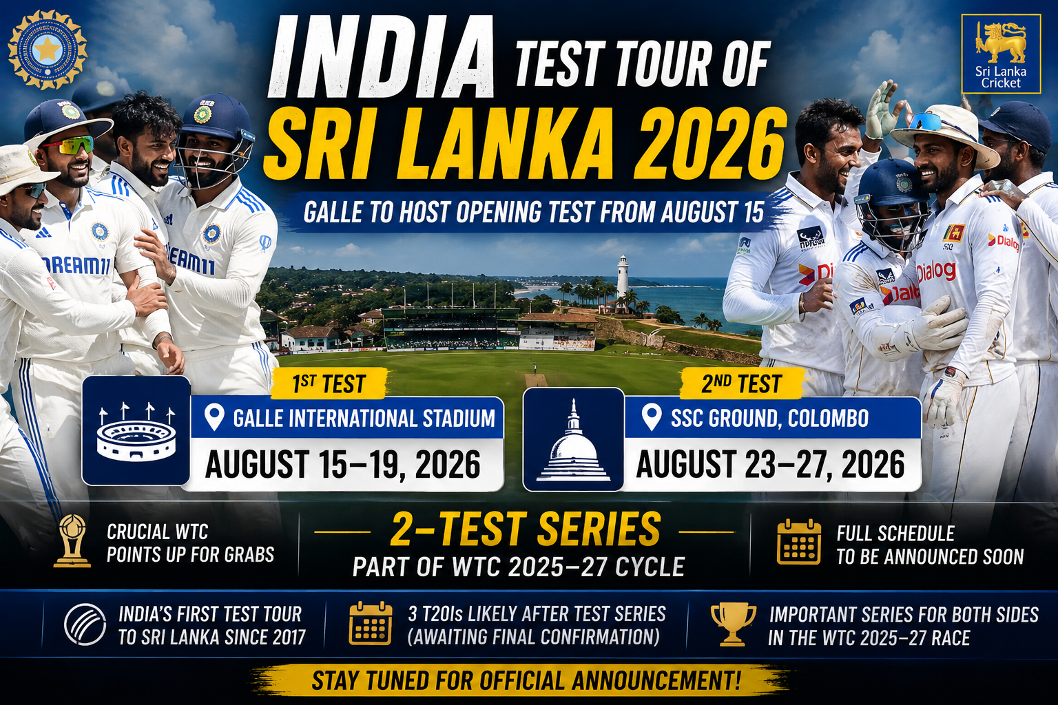 India Test Tour of Sri Lanka 2026: Galle Set to Host Opening Test from August 15
