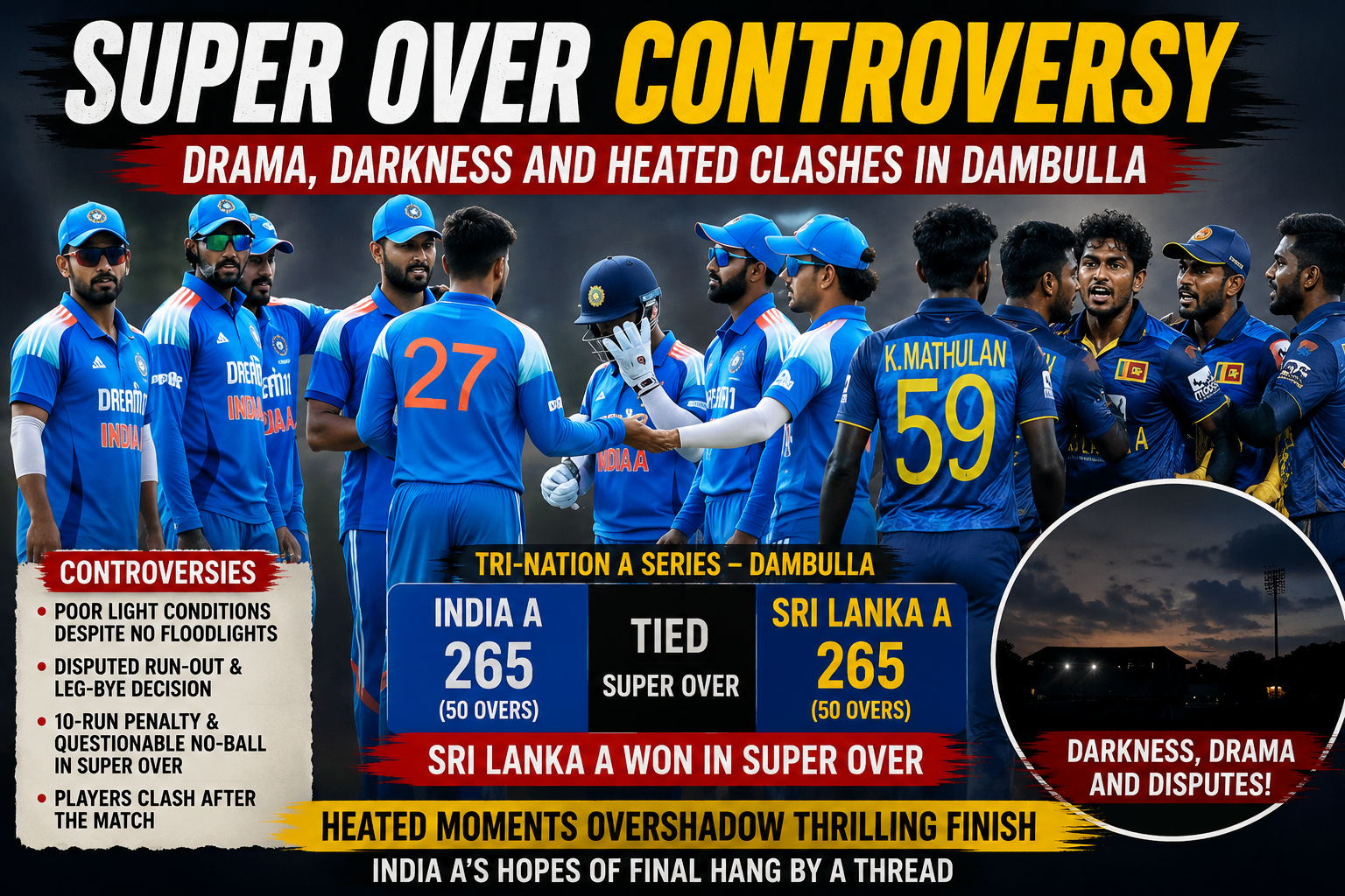 India A vs Sri Lanka A Super Over Controversy: Drama, Darkness and Heated Clashes in Dambulla