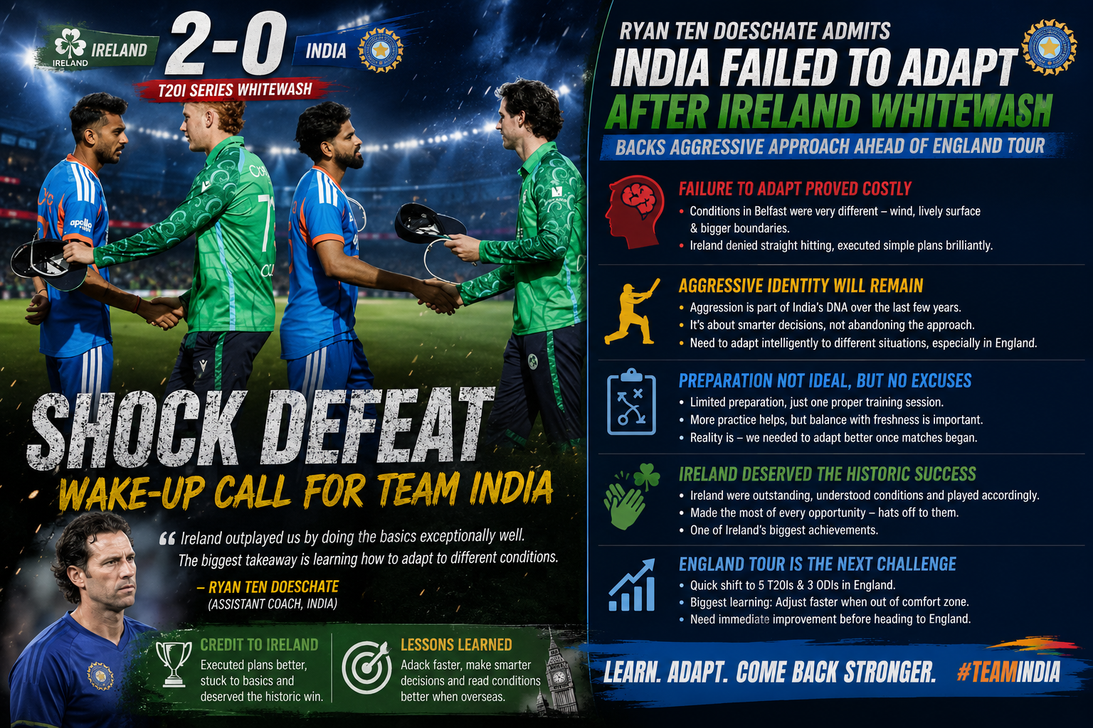 Ryan ten Doeschate admits India failed to adapt after shock Ireland whitewash, backs aggressive approach ahead of England tour