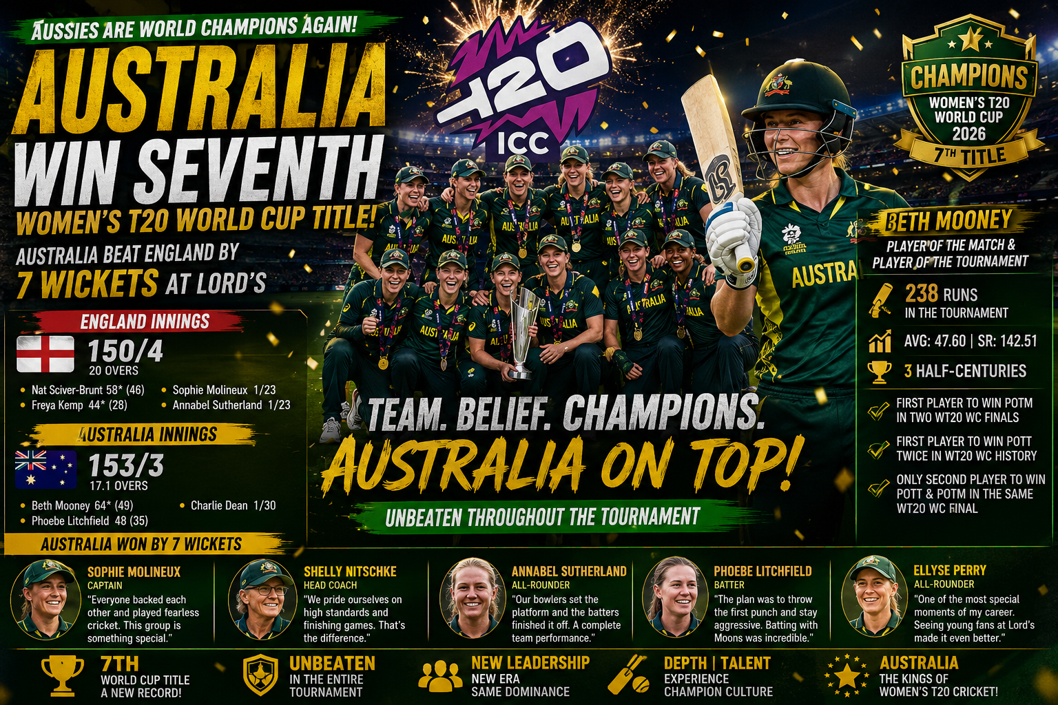 Australia Win Seventh Women's T20 World Cup Title as Beth Mooney Leads Dominant Victory Over England