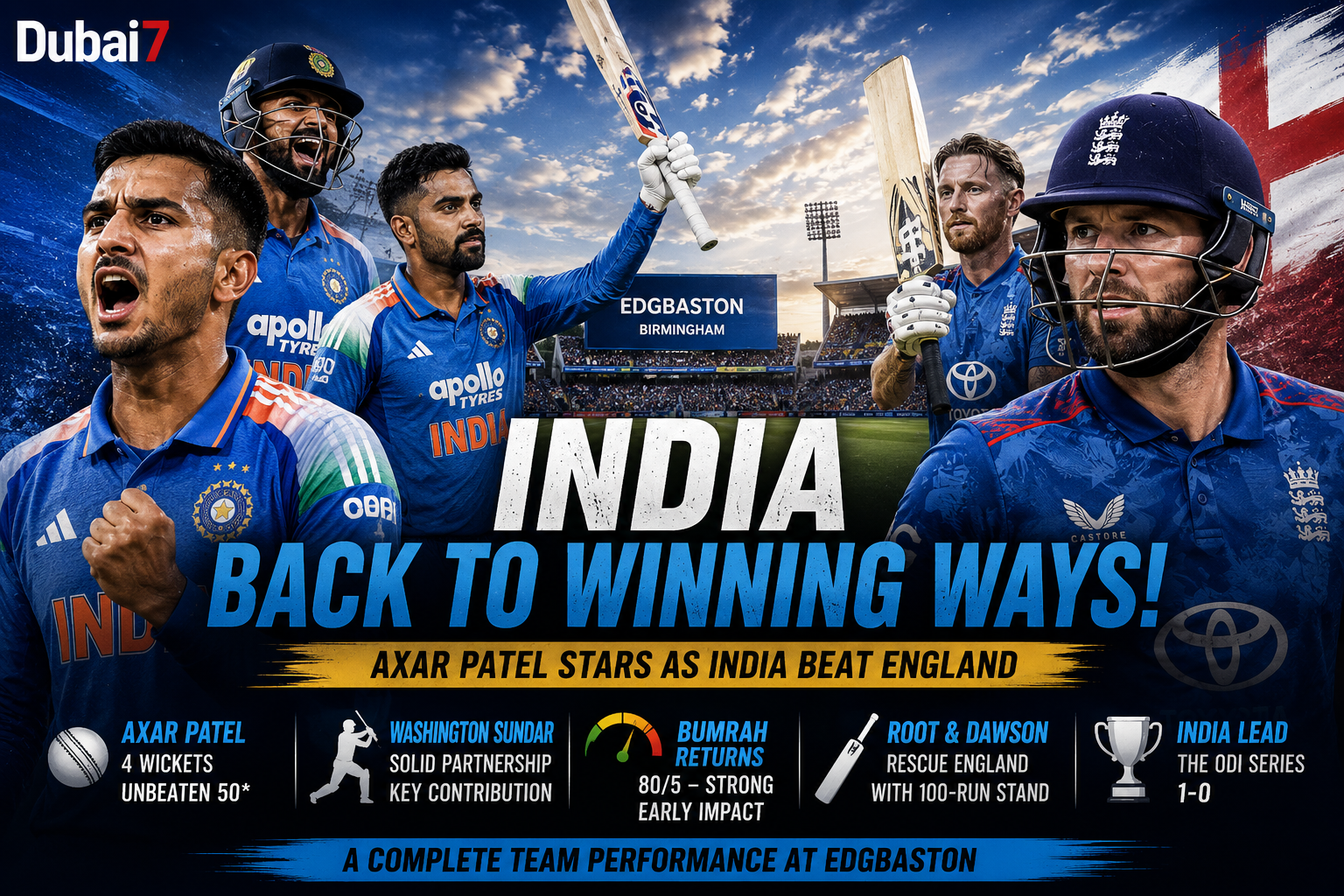 India vs England 1st ODI: Axar Patel Stars as India End Winless Run with Clinical Victory at Edgbaston